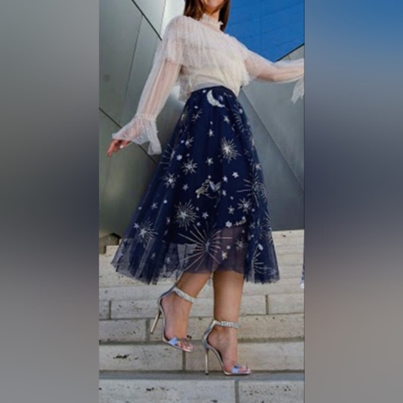 Chicwish Mysterious Night Moon and Star Embroidered Mesh Tulle Skirt in Navy - Picture 1 of 11